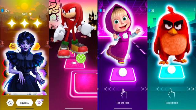 Wednesday Vs Sonic Knuckles Vs Masha And Bear Vs Red Angry Birds - Tiles Hop EDM Rush #coffindance