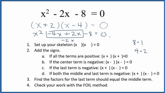 How to Solve x^2 - 2x - 8 = 0 by Factoring смотреть онлайн