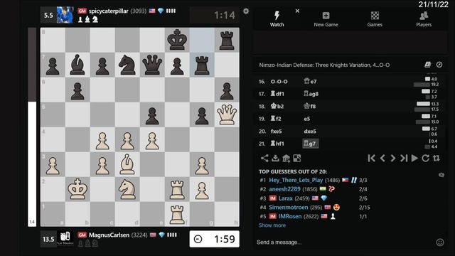 Magnus Carlsen Vs Ray Robson | Blitz Chess 3+0 | Chess.com | 21/11/22