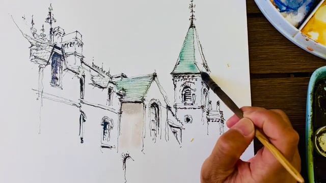 Draw only one feature / urban sketching / watercolor + ink sketch / loose style sketch смотреть онлайн