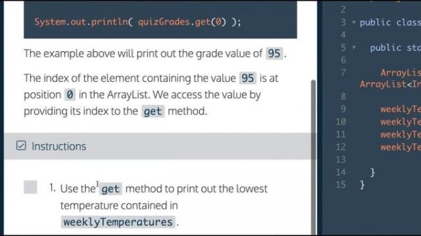 Codecademy Learn Java, ArrayList Access, Data Structures