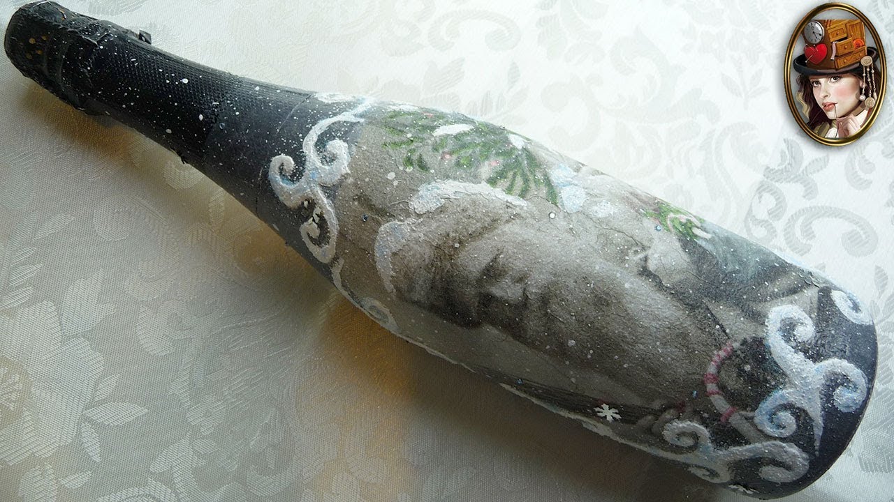 Декупаж бутылки шампанского. Новогодний декор бутылки своими руками.mp4 смотреть онлайн