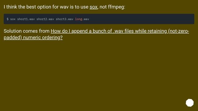 Concatenate multiple WAV files using single command, without extra file смотреть онлайн