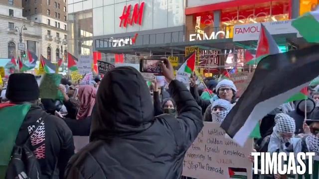 Нью-Йорк, штат Нью-Йорк.Запалестинцы клеймят позором посетителей ТЦ H&M Herald Square за их смотреть онлайн