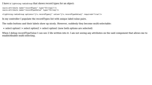 Salesforce: lightning:radioGroup is allowing multi-select смотреть онлайн