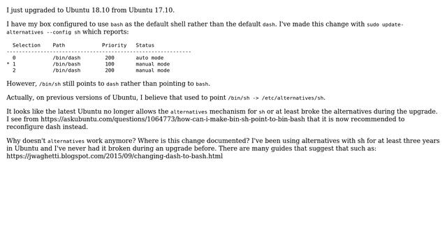 Ubuntu: update-alternatives for sh reports bash is used, but I still get dash смотреть онлайн