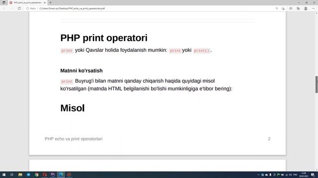 4-dars PHP boshlang'ich - PHP - da echo va print смотреть онлайн
