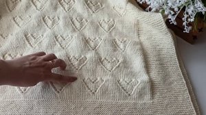 Плед спицами... плед 95*95 см... Плед узором сердечки.. описание пледа