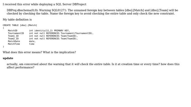 Warning SQL01271: The unnamed foreign key between tables [dbo].[Match] and [dbo].[Team] will be... смотреть онлайн