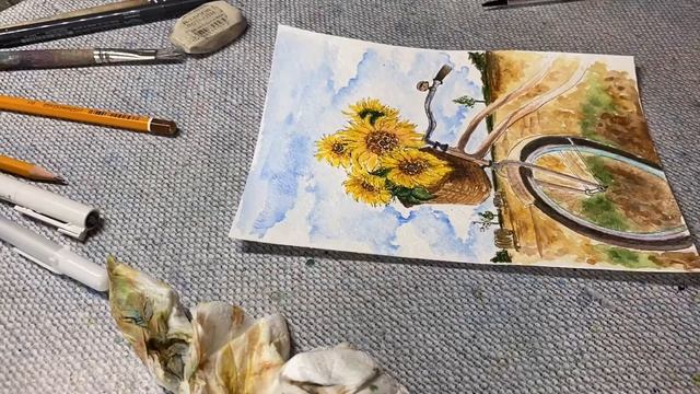 Подсолнух. Поле. Велосипед. Рисую акварелью. Скетчинг для начинающих. смотреть онлайн