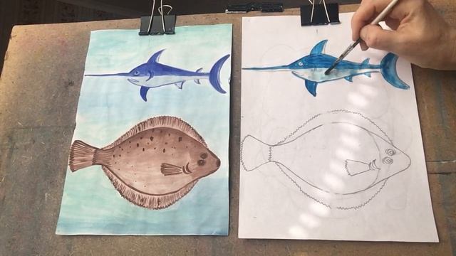 Здравствуйте. Тема «Камбала и рыба меч» от 23.02.21 акварель, гуашь, пастель смотреть онлайн