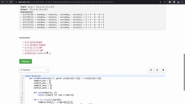 Difference Between Ones and Zeros in Row and Column - Leetcode 2482 - Python смотреть онлайн