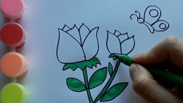Рисуем розу за 5 минут. Видео для детей 3 - 5 лет. Как научить ребенка рисовать. Раскрашиваем розы. смотреть онлайн