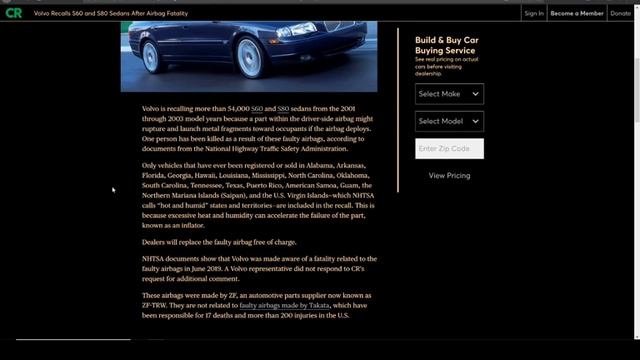 Volvo S60 S80 Airbag recall 2001-2003 смотреть онлайн