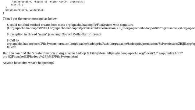 Hadoop Exception java.lang.NoSuchMethodError when calling hdfsOpenFile in hdfs C API смотреть онлайн