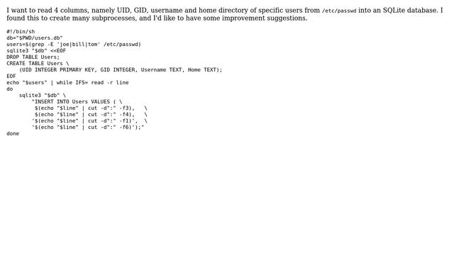 Code Review: Shell script for reading /etc/passwd into SQLite смотреть онлайн