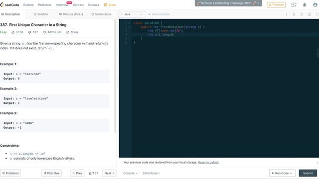 LeetCode Problem no. 387. First Unique Character in a String(Java) смотреть онлайн