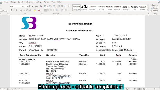 Bangladesh SB Banking Statement, Word And PDF Template