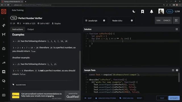 Codewars 7 kyu Perfect Number Verifier Javascript смотреть онлайн