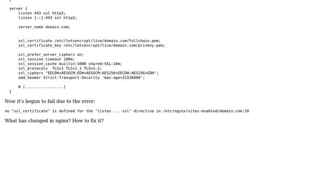 Unix & Linux: Sudden "no "ssl_certificate" is defined for the "listen ... ssl" error смотреть онлайн