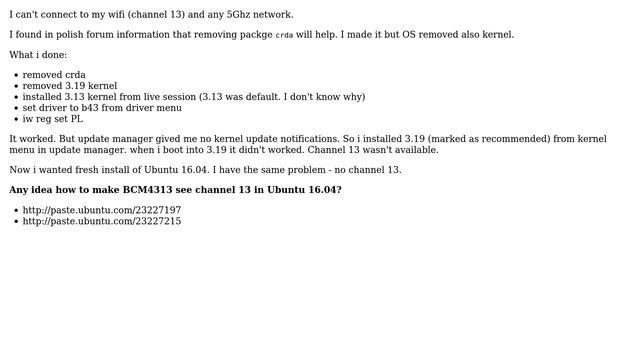 Can't Use All Wifi Channels - Ubuntu 16.04, Asus 1215n, BCM4313