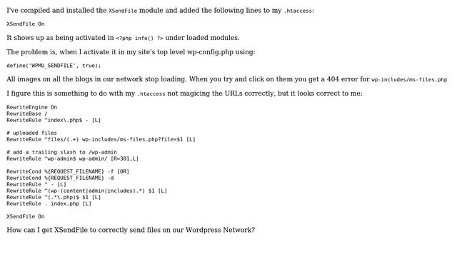 Wordpress: Enabling XSendFile causes 404 for images on Wordpress Multisite / Network смотреть онлайн