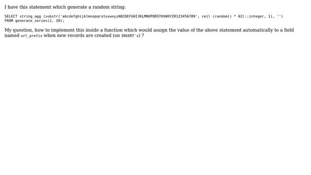 Generate unique random string to be used as value for a field inside newly created rows in... смотреть онлайн