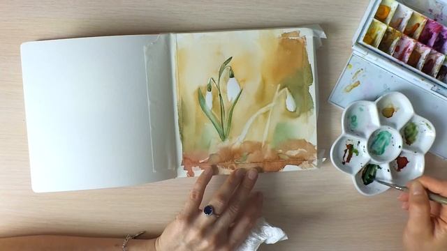 Картина акварелью Подснежники в скетчбуке. смотреть онлайн