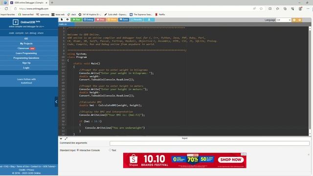 BMI Calculator in C# Online GDB смотреть онлайн