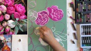 Рисуем пионы масляной пастелью