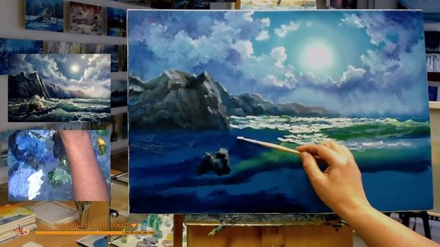 ? Онлайн стрим | Море луна скалы | Морской пейзаж маслом | Александр Григорьев смотреть онлайн