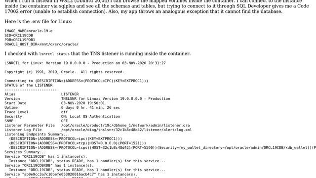 Cannot connect to Oracle 19 instance running in a container under Ubuntu 20.04 via WSL2 on... смотреть онлайн