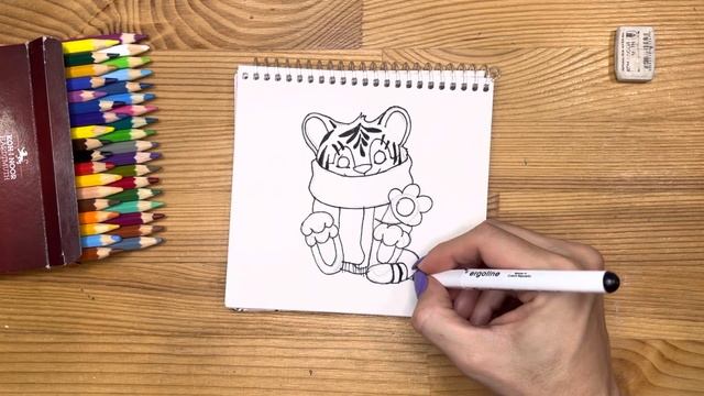 Рисунок цветными карандашами "Зимний тигрёнок" | Поэтапная срисовка для начинающих смотреть онлайн