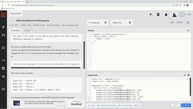Codewars 7 kyu MOD 256 without the MOD Operator Javascript смотреть онлайн
