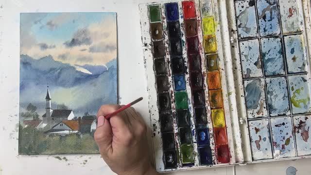Пейзаж акварелью. смотреть онлайн