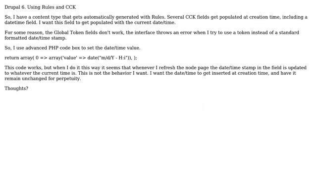 Drupal: PHP setting of datetime field in CCK through Rules, How to stop continuous updates? смотреть онлайн