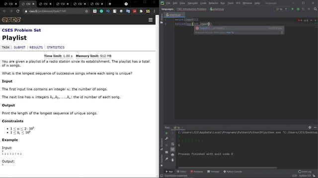 Playlist using Python3 | CSES Problem set Solution | Sorting and Searching Problem #1 смотреть онлайн