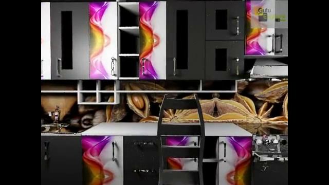 дизайн кухни с яркими и темными фасадами с современным столом смотреть онлайн