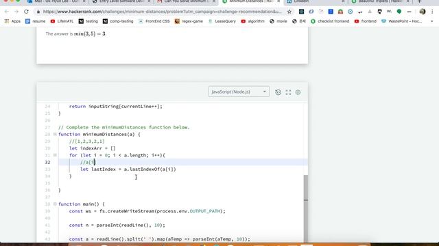 Hackerrank Minimum distance (javascript : play this @1.25x or @1.5x speed ) смотреть онлайн