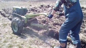 Пахота целины мотоблоком. Diesel two wheel tractor Plowing.