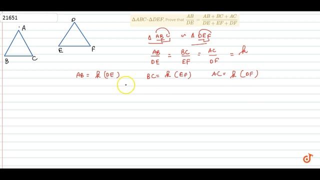 ` Delta ABC ~ Delta DEF `, Prove that ` (AB)/(DE) = (AB + BC + AC) / ( DE + EF +DF ) ` смотреть онлайн