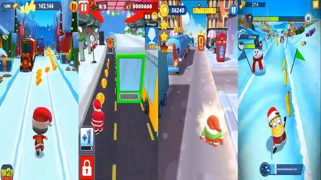 Talking Tom Gold Run vs Santa Run vs Om Nom Run vs Minion Rush.Новогодний Забег.Какой Санта Круче смотреть онлайн