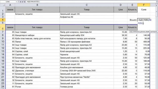 Функції баз даних в Excel Функція =БДСУММ() смотреть онлайн