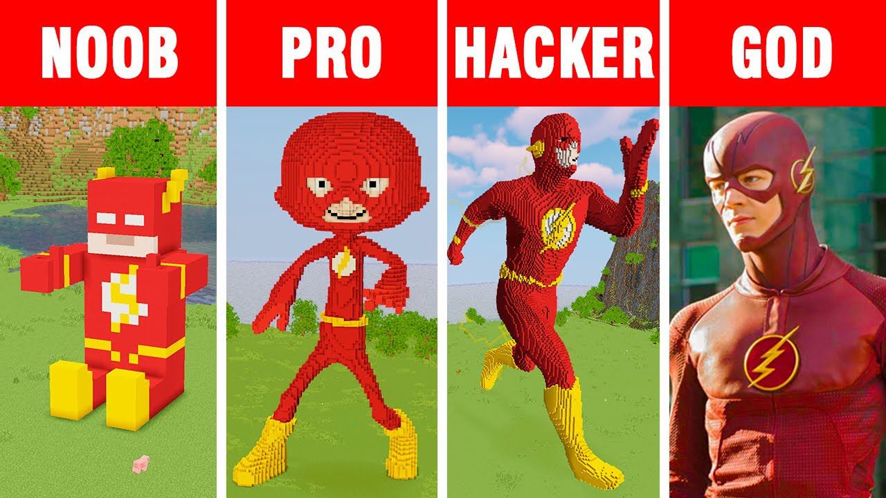 Minecraft NOOB Vs PRO Vs HACKER Vs GOD:  THE FLASH STATUE BUILD CHALLENGE In Minecraft