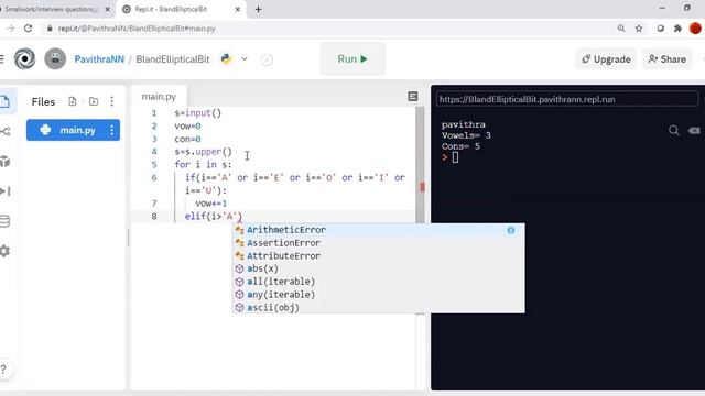 Interview question | Coding question | Python programming| Finding Vowel and Consonant count смотреть онлайн