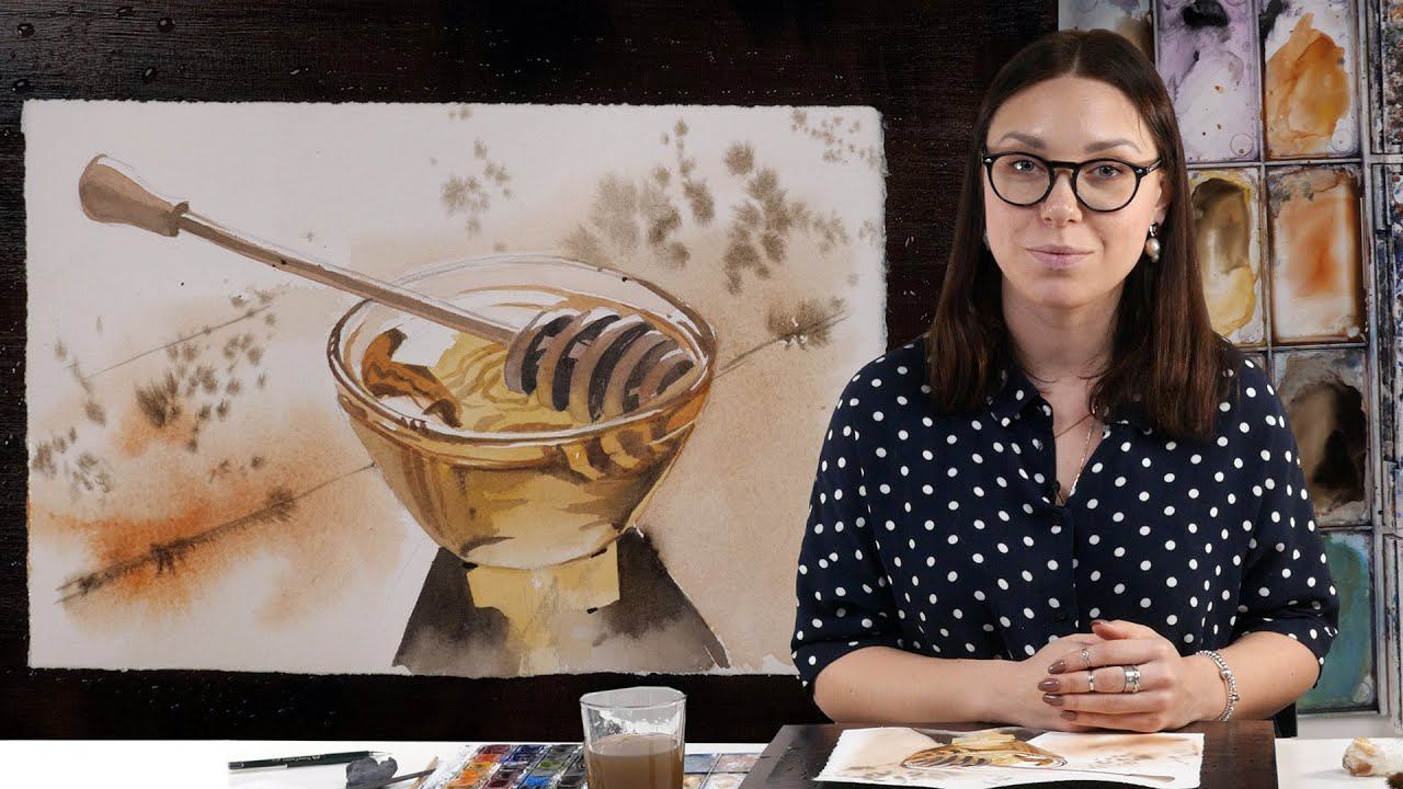 Экспресс-урок по акварельной живописи «Мёд» | Рисуем баночку с медом поэтапно смотреть онлайн