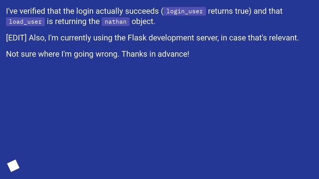 Flask-login with static user always yielding 401- Unauthorized смотреть онлайн
