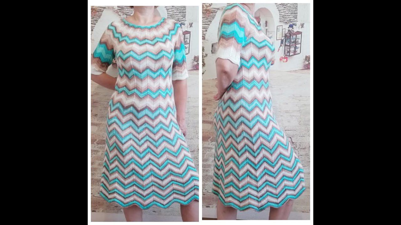 Платье узором зигзаг. Краткое описание, вывязывание рукавов. Готовая работа. смотреть онлайн