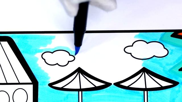 House Coloring Page, Colouring And Drawing A House With A Pool, Slides, Trees, Sun For Kids