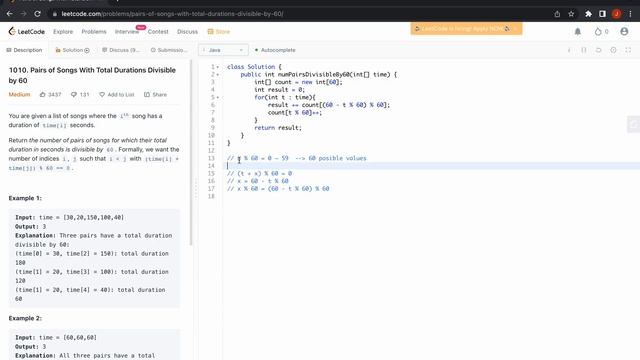 Leetcode 1010 Pairs of Songs With Total Durations Divisible by 60 (Java Solution) смотреть онлайн